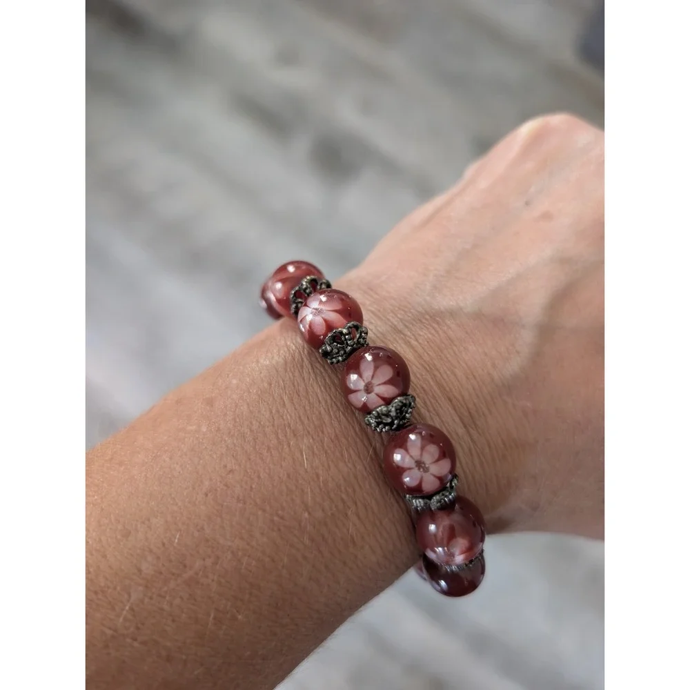Vintage Stretch Bracelet Flower Daisy Flowers Antique Silver Burgundy Beads New